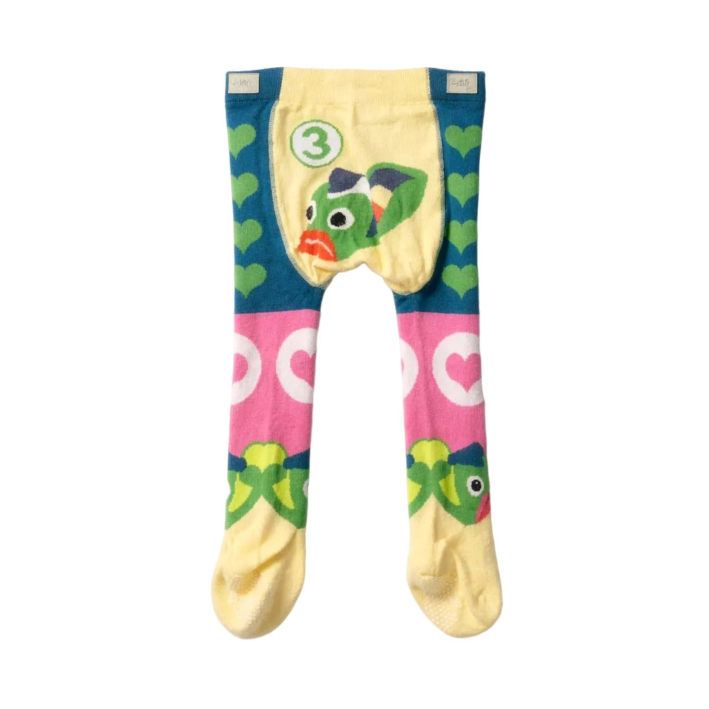 Colorful tights with turtle design and number 3 on a white background