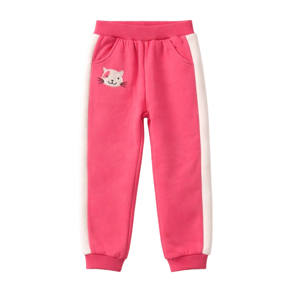 Pink children's pants with a cat face patch on a white background