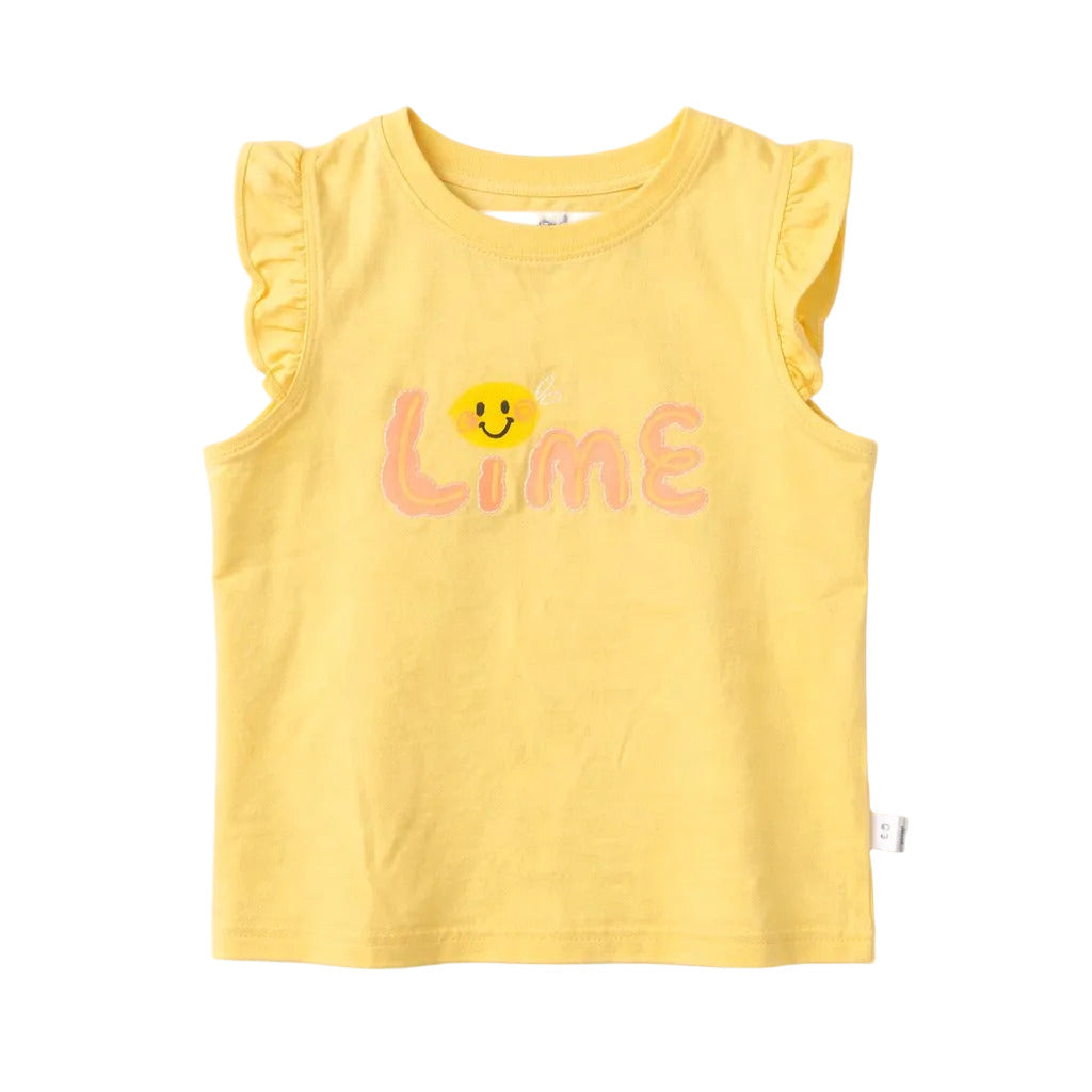 Yellow sleeveless top with 'Lime' print on a light gray background