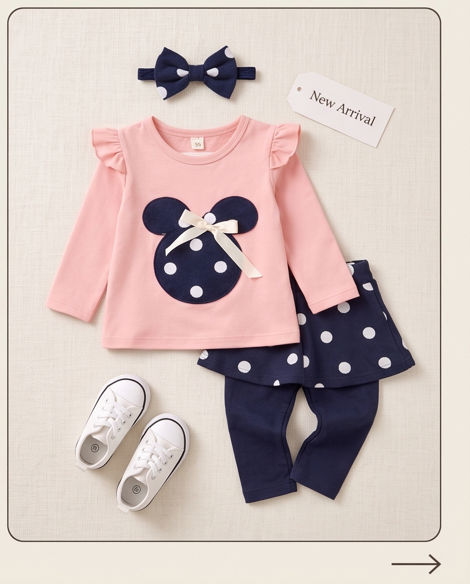 A baby girl's two-piece outfit set in pink and navy blue, featuring a long-sleeve top with ruffle sleeves and a navy polka-dot Minnie Mouse head applique with a white bow, paired with matching navy polka-dot shorts and navy leggings. Includes a navy polka-dot bow headband and white baby shoes, displayed on a light beige textured background with a 'New Arrival' tag.