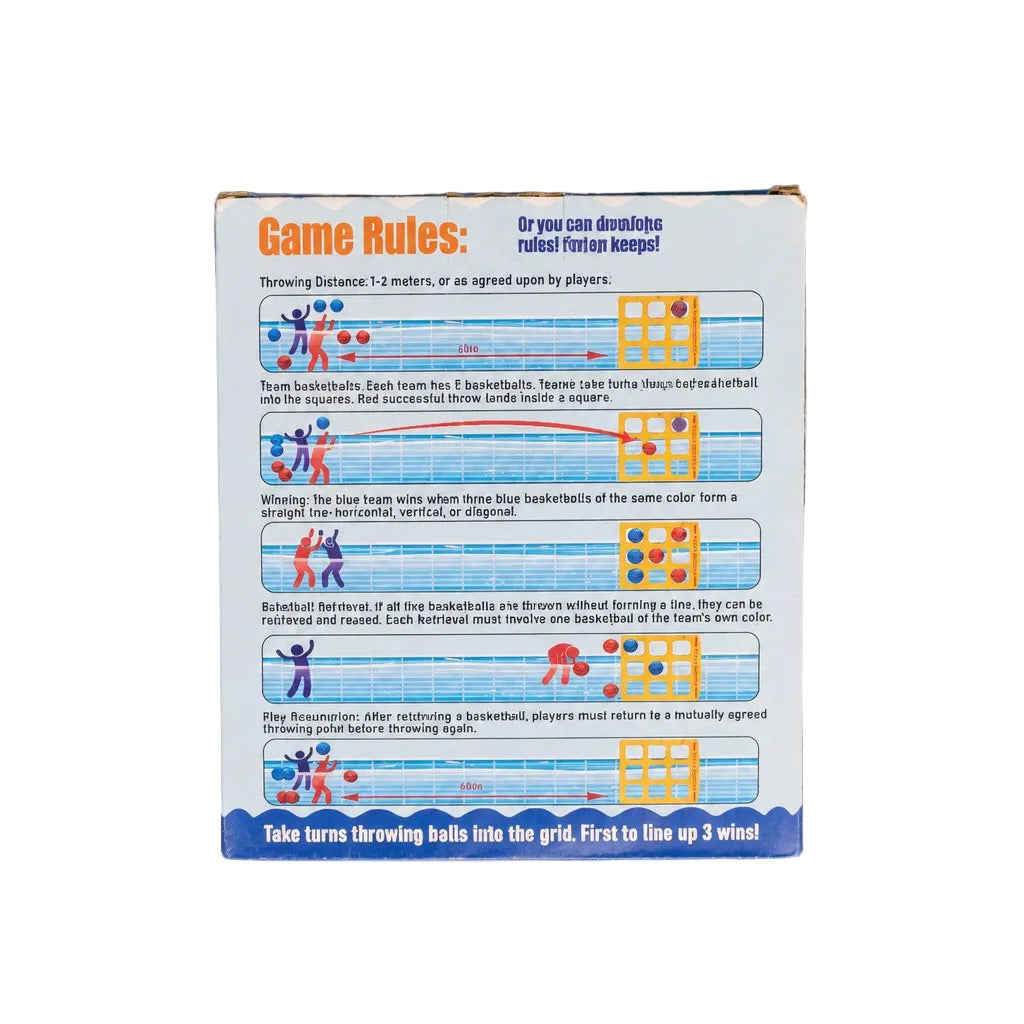The back of a square cardboard game box, photographed from above on a light gray background. The box shows colorful game instructions, rules, and illustrations including a grid, player icons, and text such as 'Game Rules' and 'Take turns throwing balls into the goal.