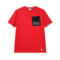 Red t-shirt with a black pocket featuring Fila logo on a white background