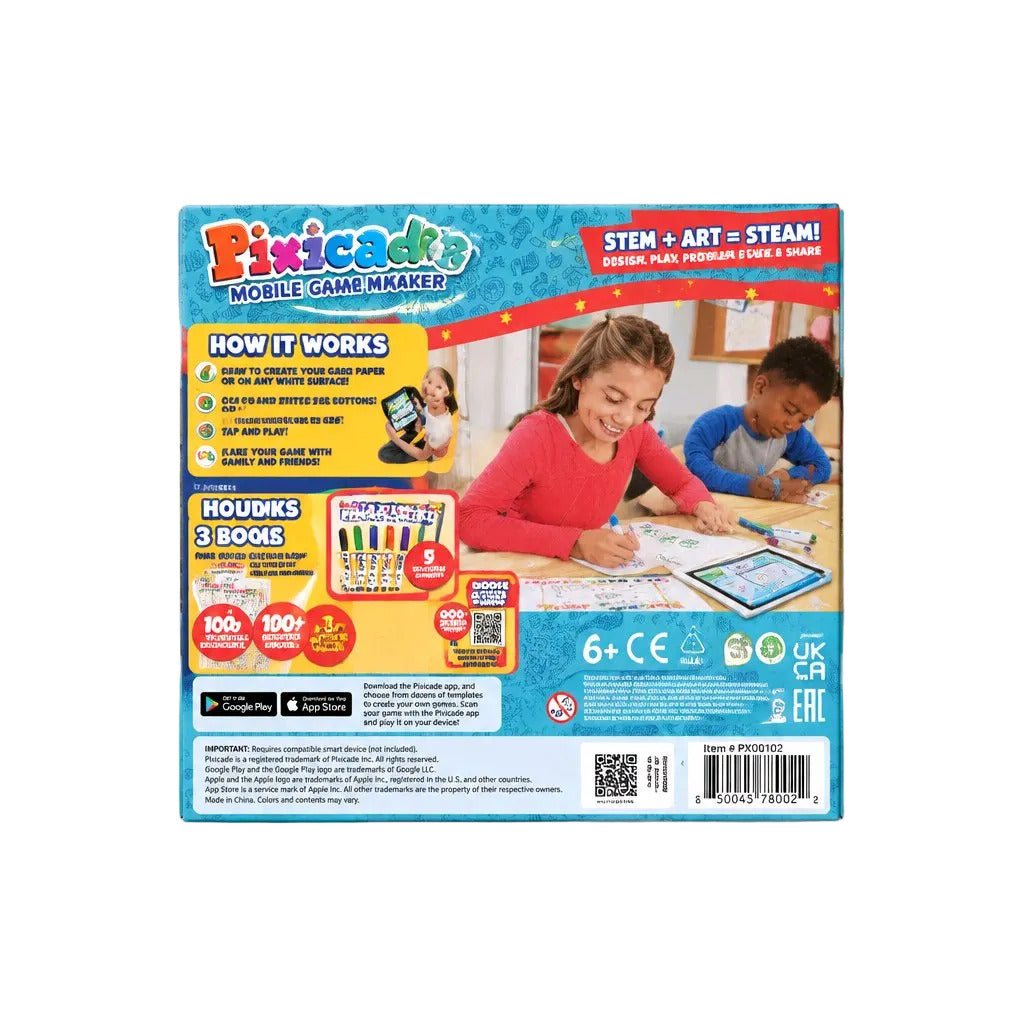 The back of the Fixicaads Mobile Game Maker kit packaging, displayed on a neutral light gray background. The box features a colorful design with a photo of two children collaborating on a tablet, along with feature callouts and app logos.