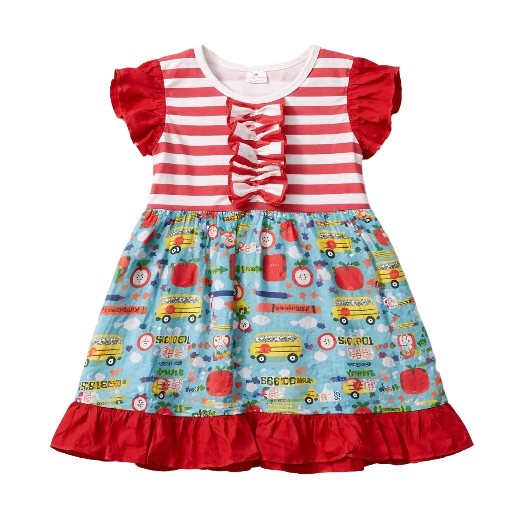 Children's dress with red and white striped top and colorful school-themed skirt on a white background