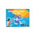 The retail packaging box for a 'Swimming Pool Toy Set' featuring a bright blue and orange design with an illustration of a child playing with a pool toy and basketballs, set against a neutral gray background.