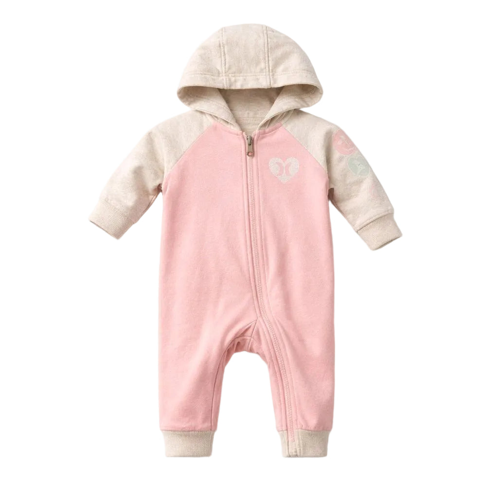 Pink baby onesie with beige hood and cuffs on a white background