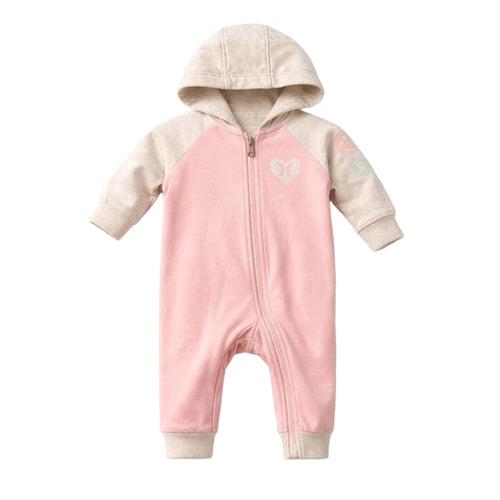 Pink baby onesie with beige hood and cuffs on a white background