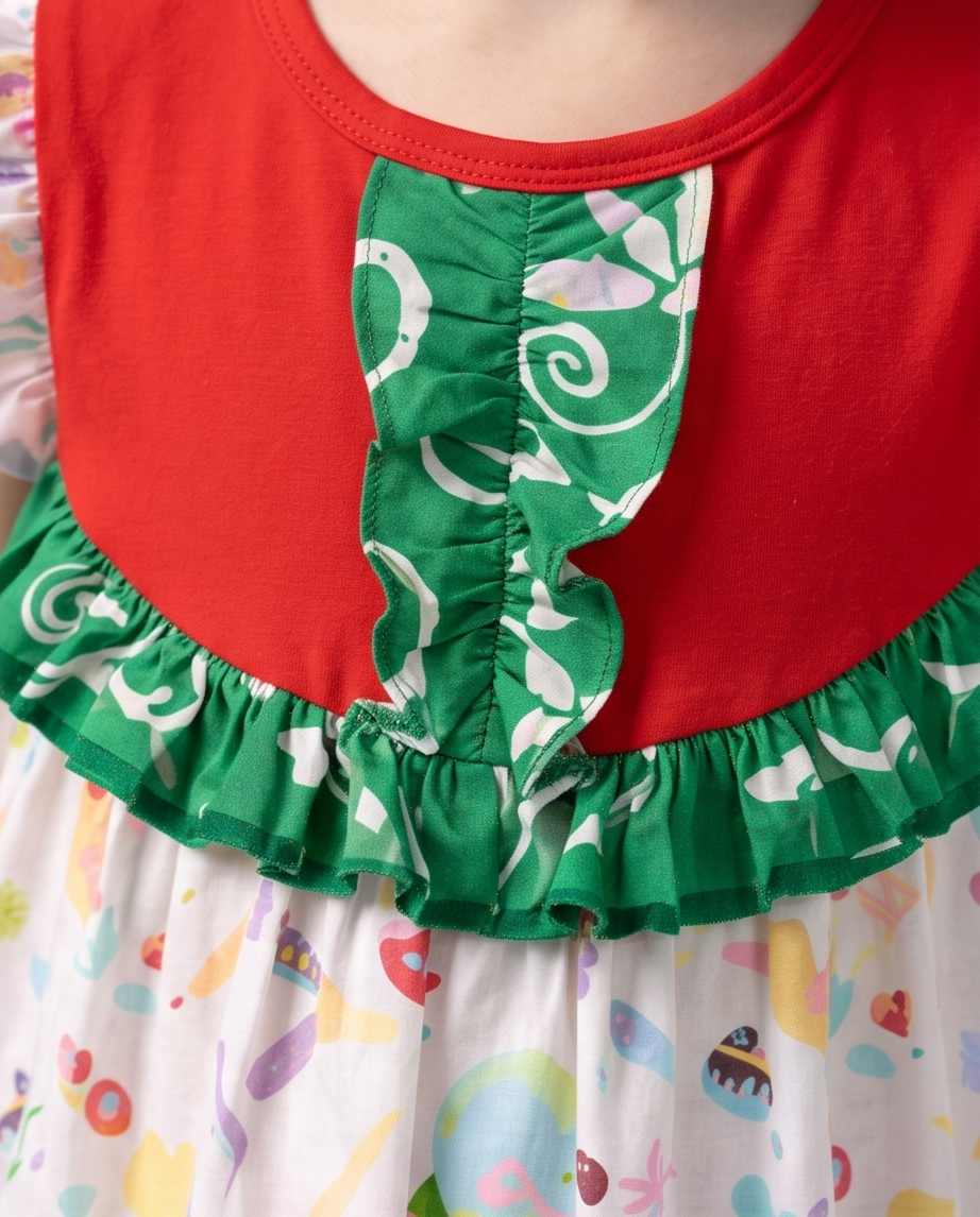 Red top with green ruffled trim on a colorful background