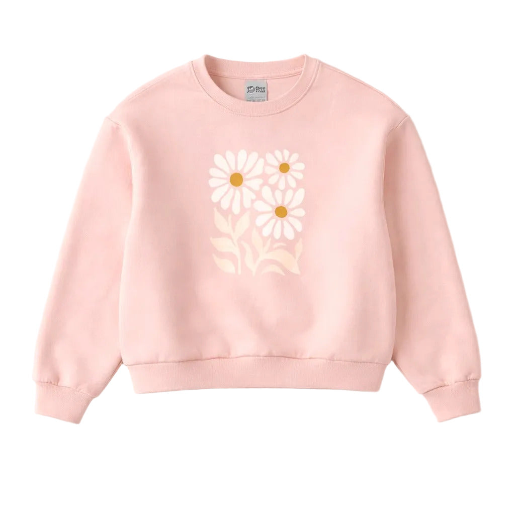 Pink sweatshirt with floral design on a light gray background