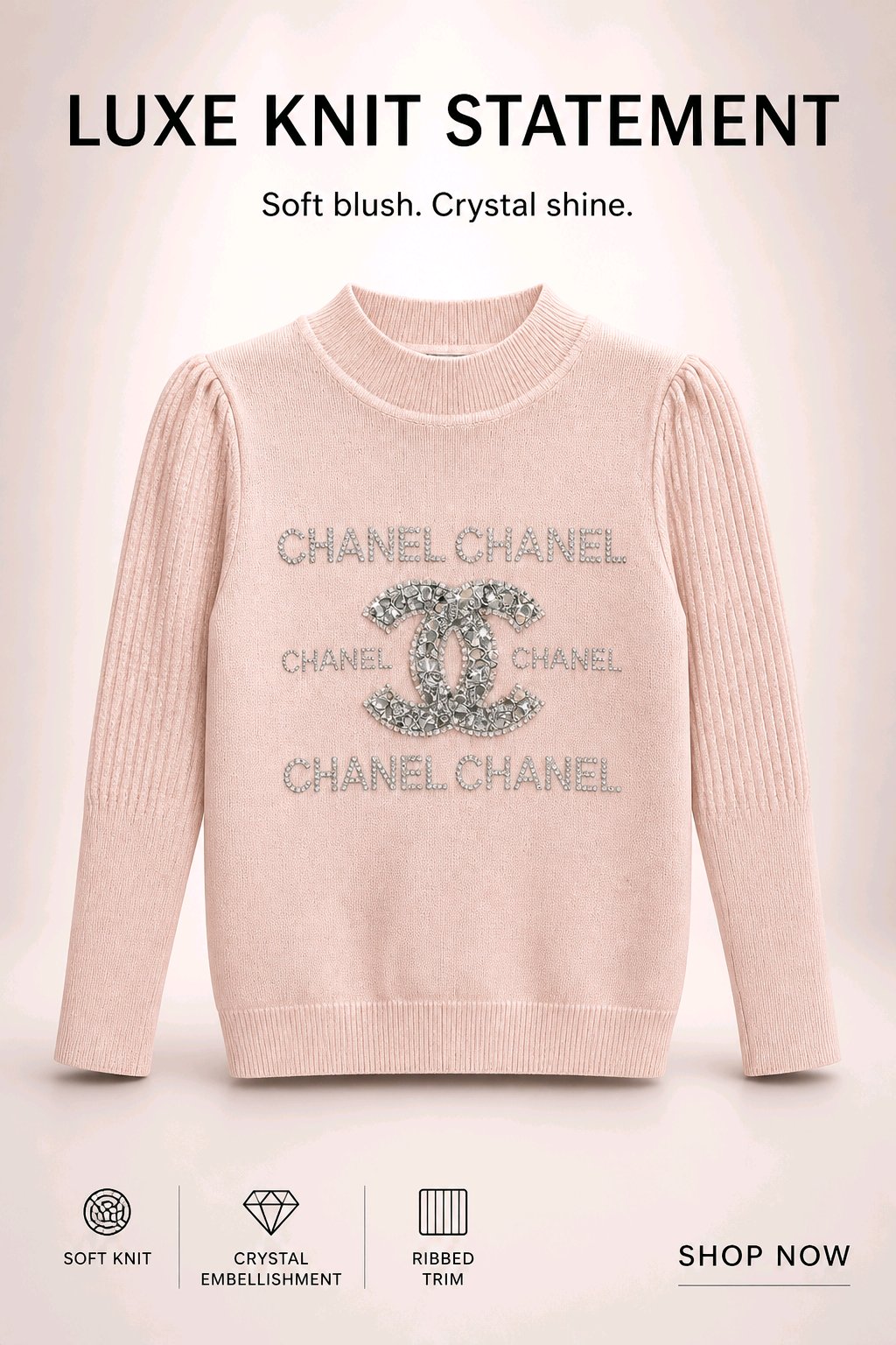 A pale blush pink Chanel knit sweater with crystal-embellished 'CHANEL' lettering and the interlocking CC logo on the front, shown against a soft beige background with marketing text above and feature icons below.