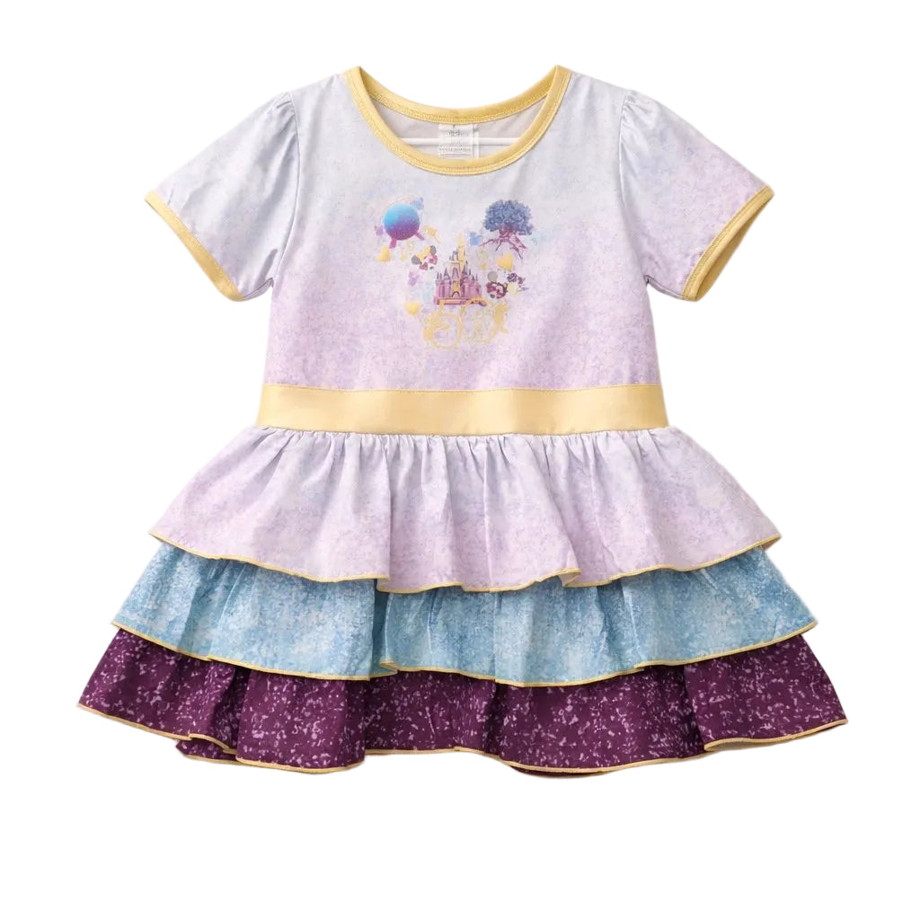 Children's minnie dress with colorful layers on a white background