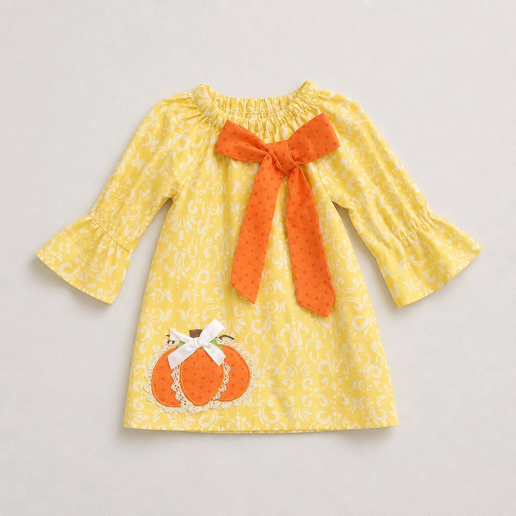 A yellow long-sleeve baby dress with a white floral pattern, featuring a large orange fabric bow at the neckline and an orange pumpkin applique with a white bow on the lower front, displayed flat against a light gray background.
