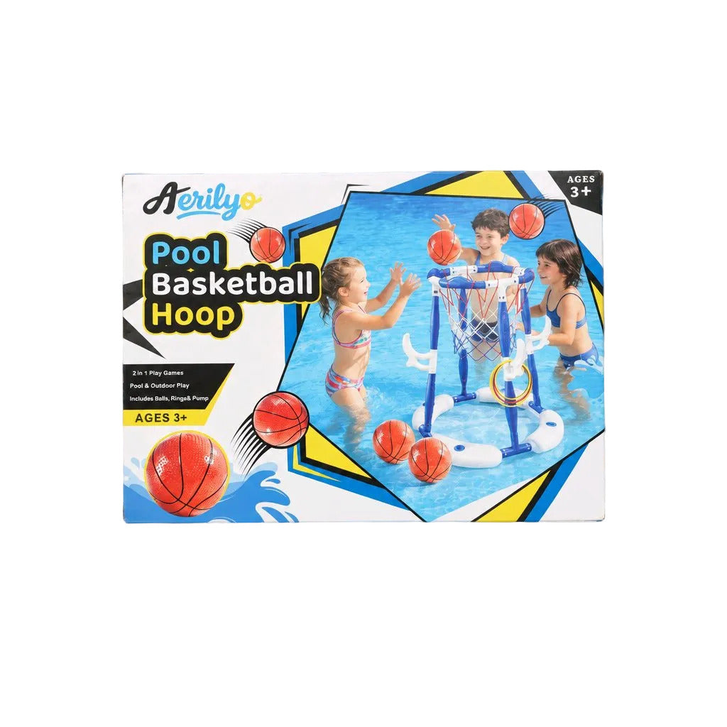 Aerily's Pool Basketball Hoop toy set in its retail packaging, featuring a blue and yellow design with an illustration of children playing in a pool.