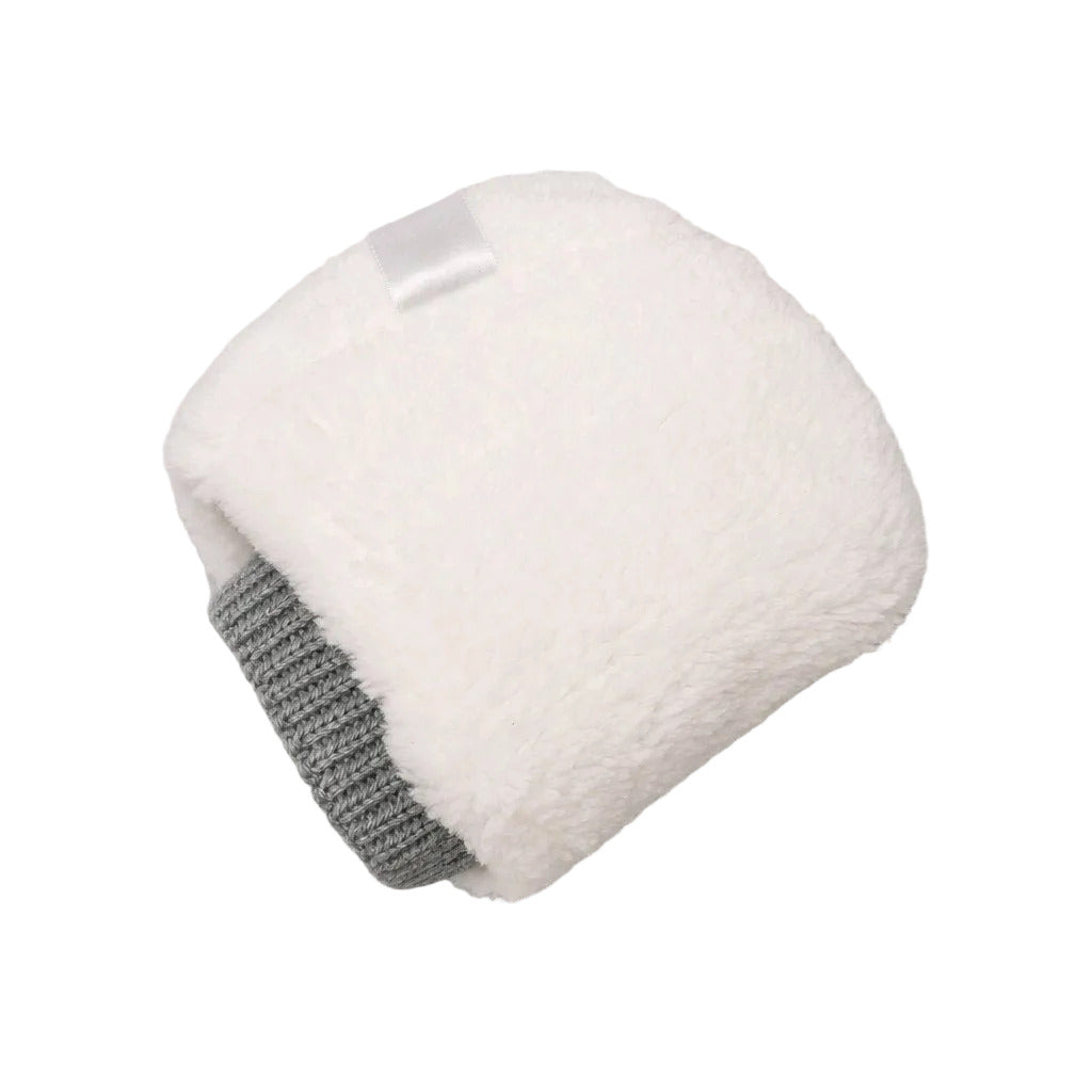 A white plush fleece wrist warmer with a gray ribbed knit cuff, shown on a neutral light gray background.