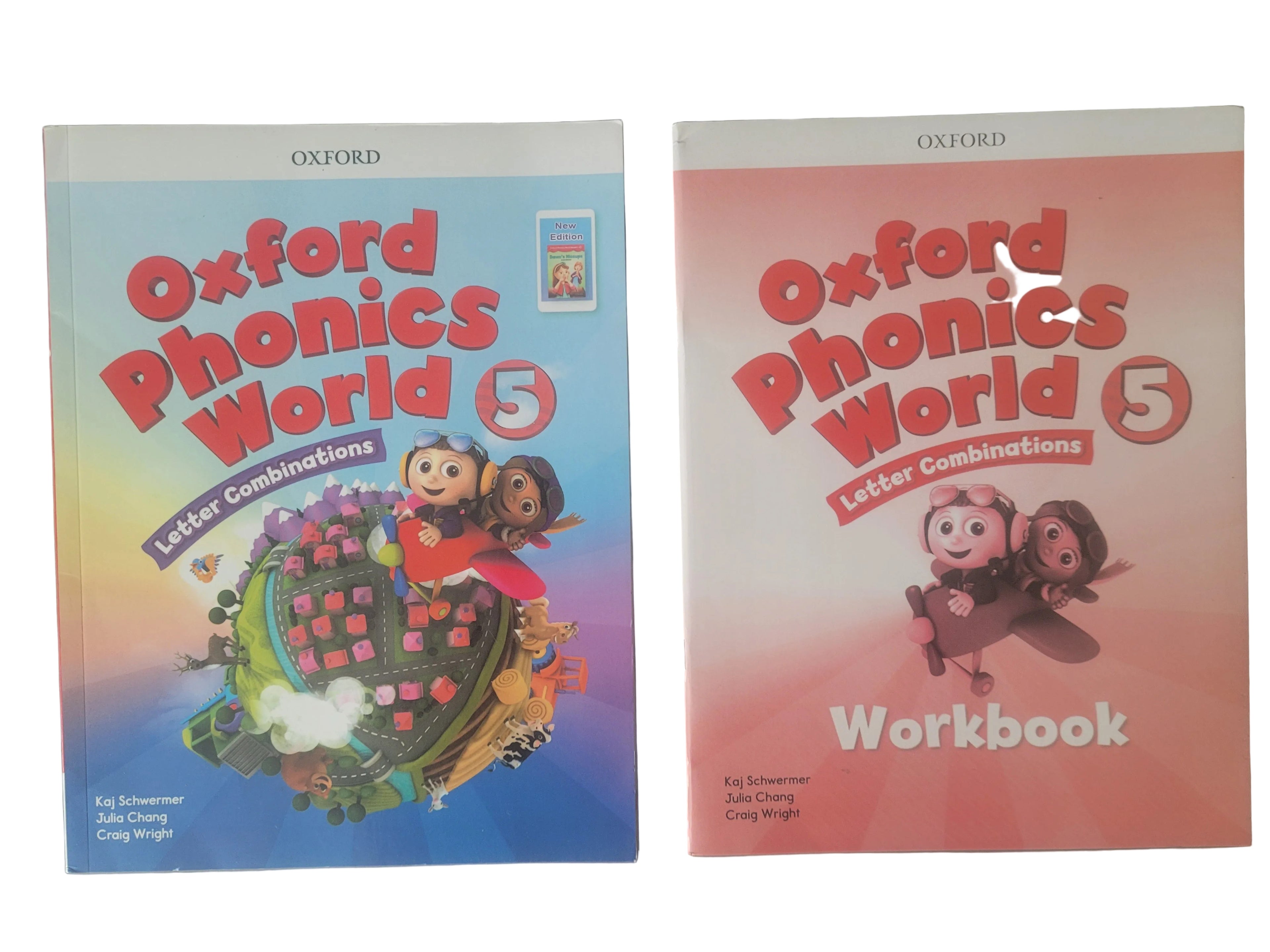 Two 'Oxford Phonics World 5' books on a gray background