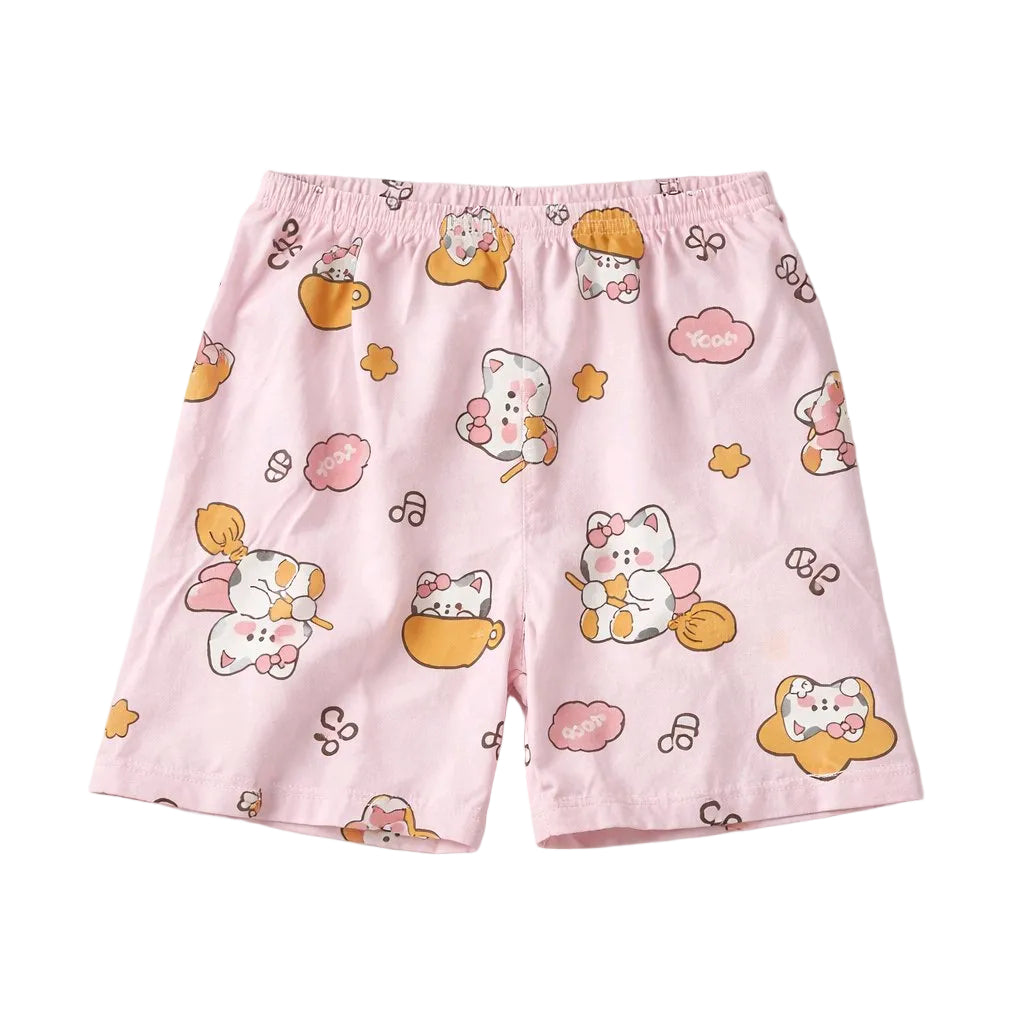 Pink shorts with cartoon cat and cloud pattern on a white background