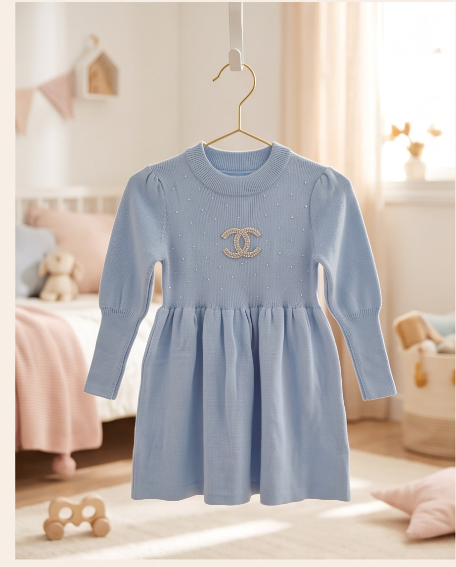 A light blue long-sleeve baby dress with a gathered waist and a gold-tone interlocking CC logo on the chest, hanging on a gold hanger in a softly lit nursery.
