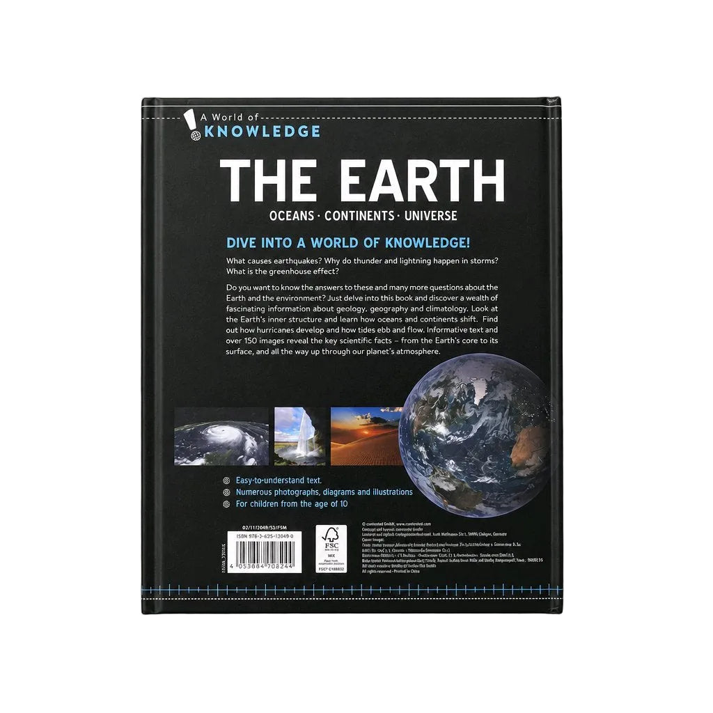 The back cover of a children's educational book titled 'The Earth' from 'A World of Knowledge' series, displayed against a neutral light gray background.
