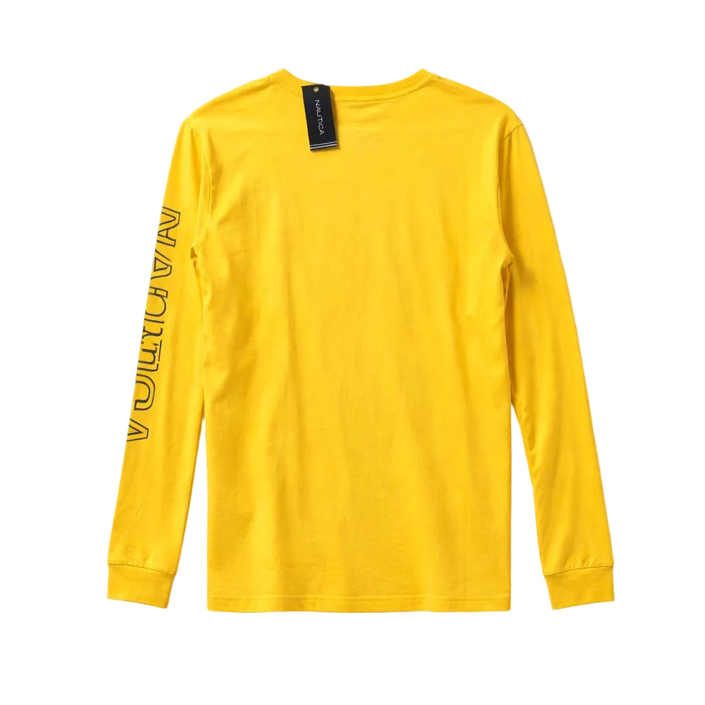 Yellow long-sleeve shirt with branding on sleeve against a white background