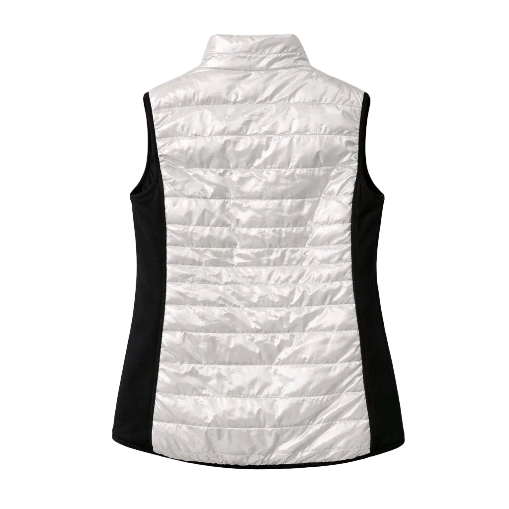 White puffer vest with black accents on a white background