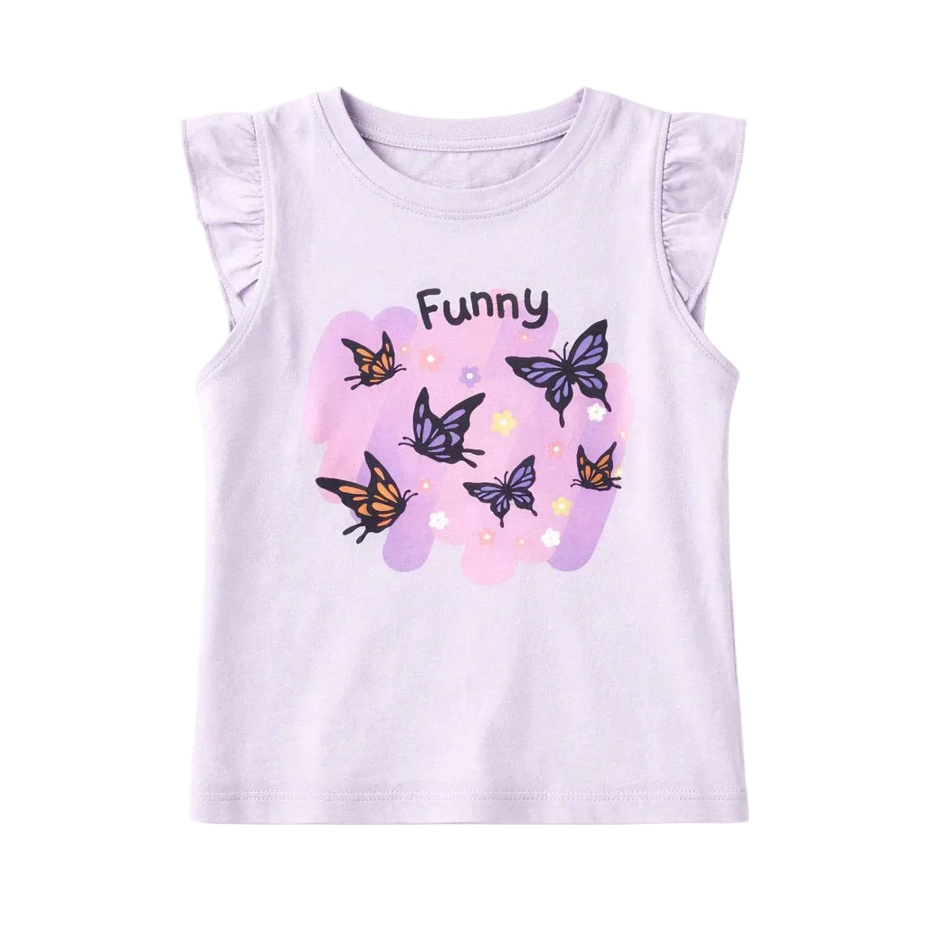 White t-shirt with butterfly graphics and the word 'Funny' on a white background