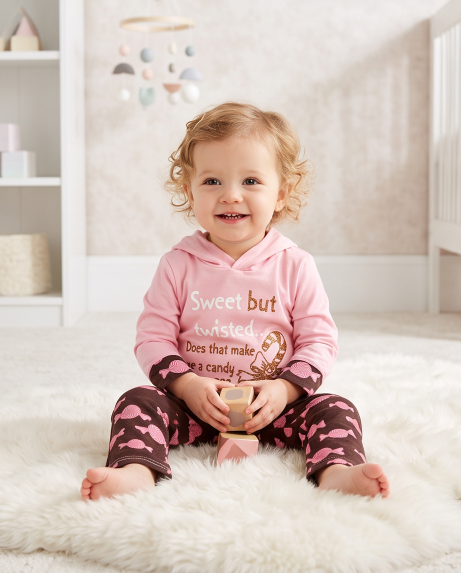 A toddler girl sitting on a white fluffy rug in a nursery, wearing a pink long-sleeve hoodie with the text 'Sweet but twisted' and matching pink and brown patterned leggings.