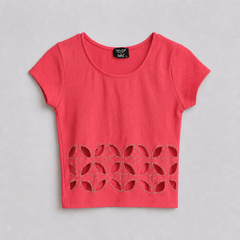 Red top with cut-out design on a gray background