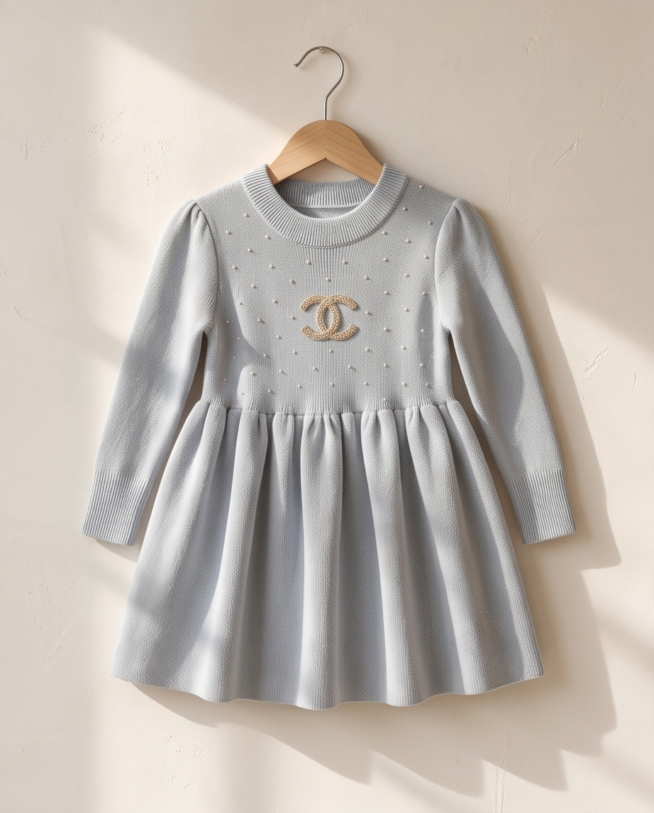 A light blue-gray long-sleeve knit dress for toddlers, hanging on a wooden hanger against a warm beige wall. The dress features a textured bodice with tiny embroidered dots, a central gold-tone interlocking CC logo, and a gathered skirt.