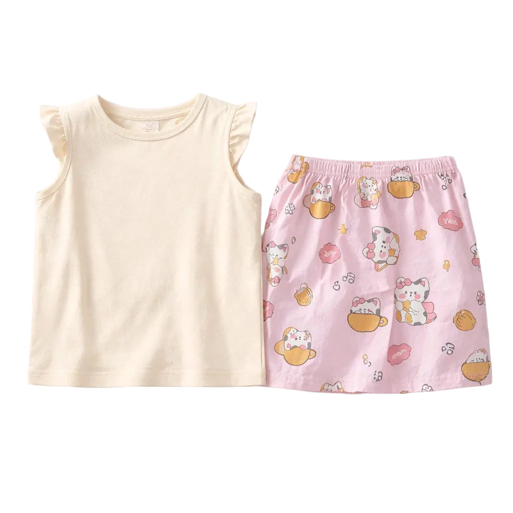 Children's sleeveless top and pink skirt with cartoon designs on a white background