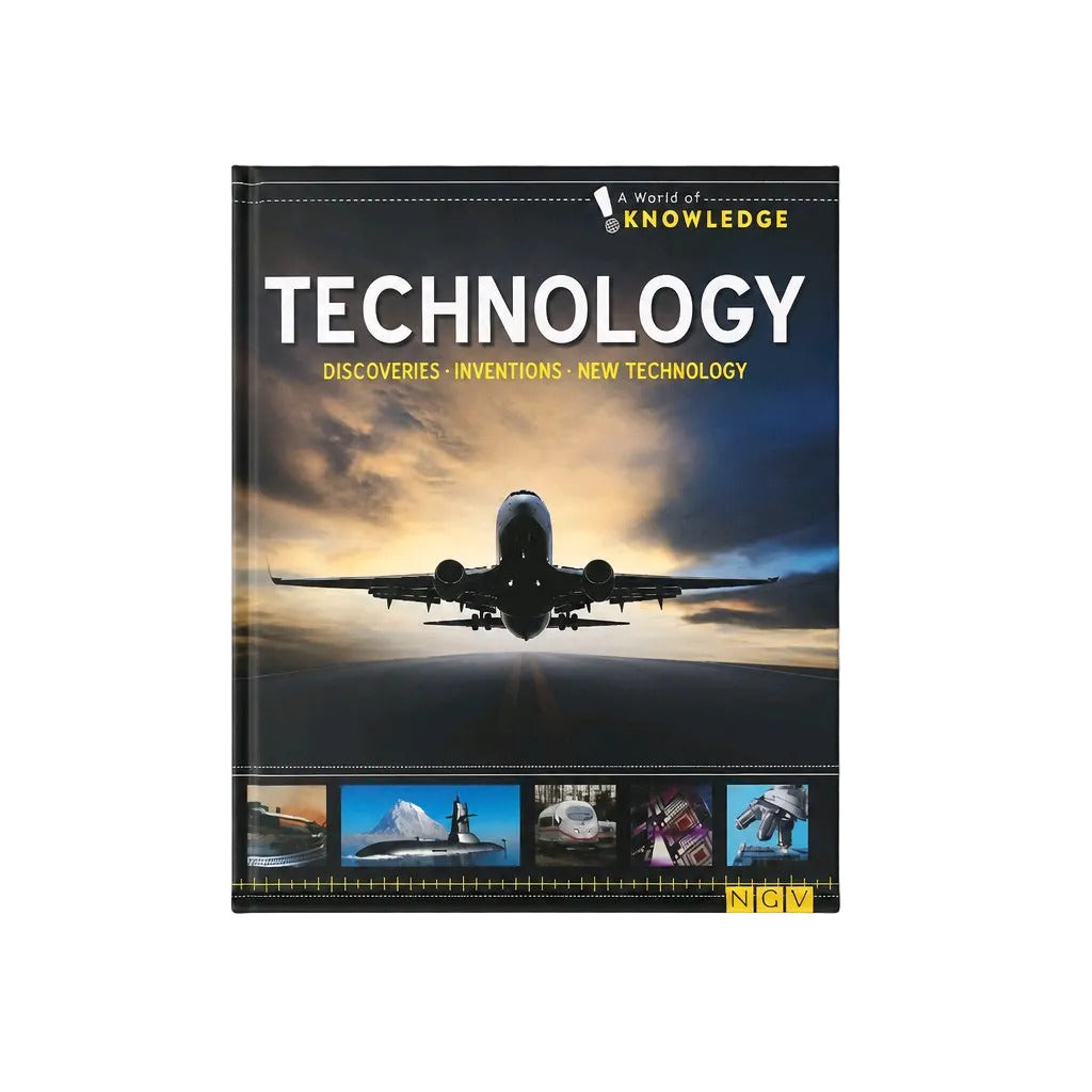A hardcover book titled 'TECHNOLOGY' from the 'World of Knowledge' series, featuring a large airplane silhouette against a sunset sky on the cover, displayed on a neutral light gray background.