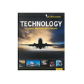 A hardcover book titled 'TECHNOLOGY' from the 'World of Knowledge' series, featuring a large airplane silhouette against a sunset sky on the cover, displayed on a neutral light gray background.