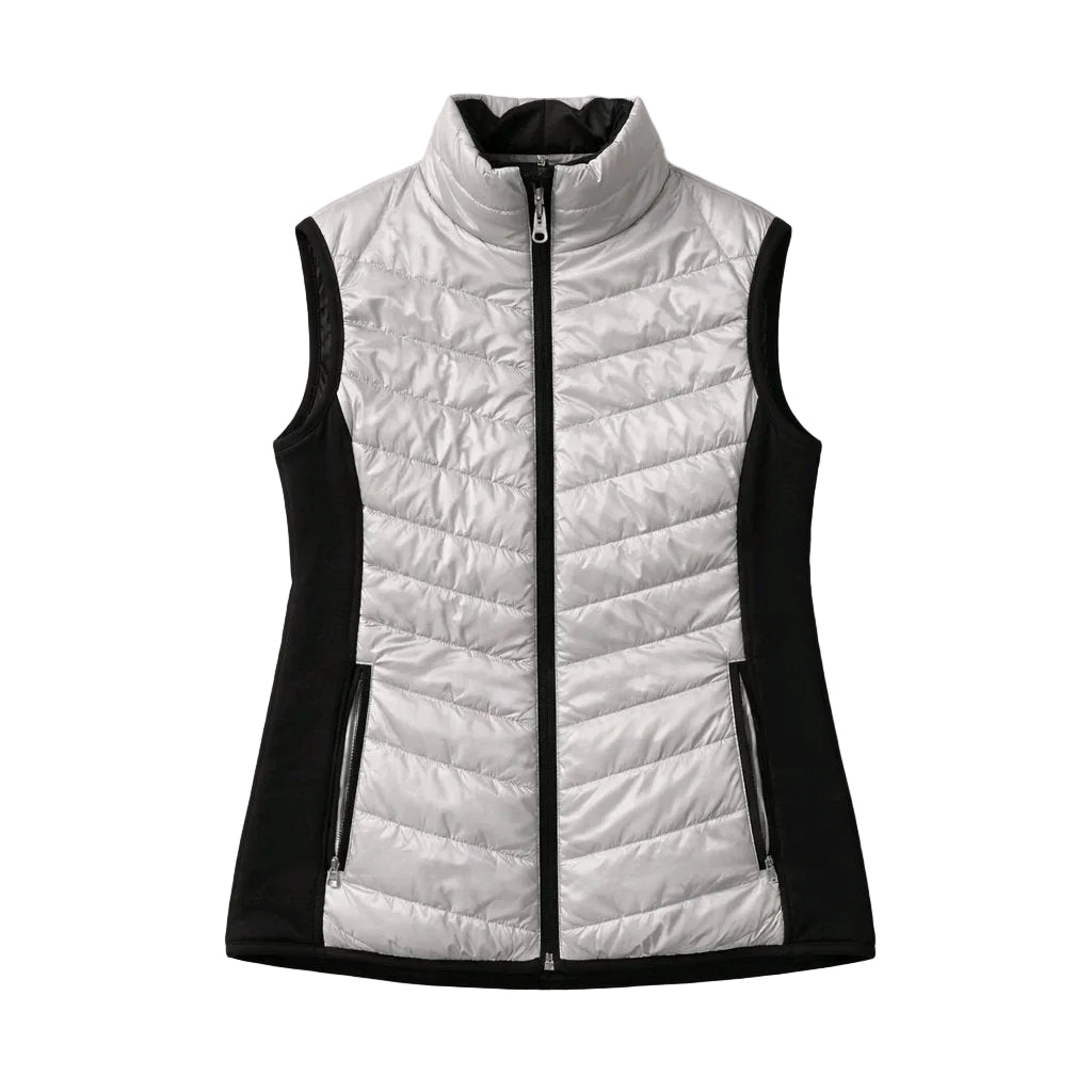 White quilted vest with black accents on a white background