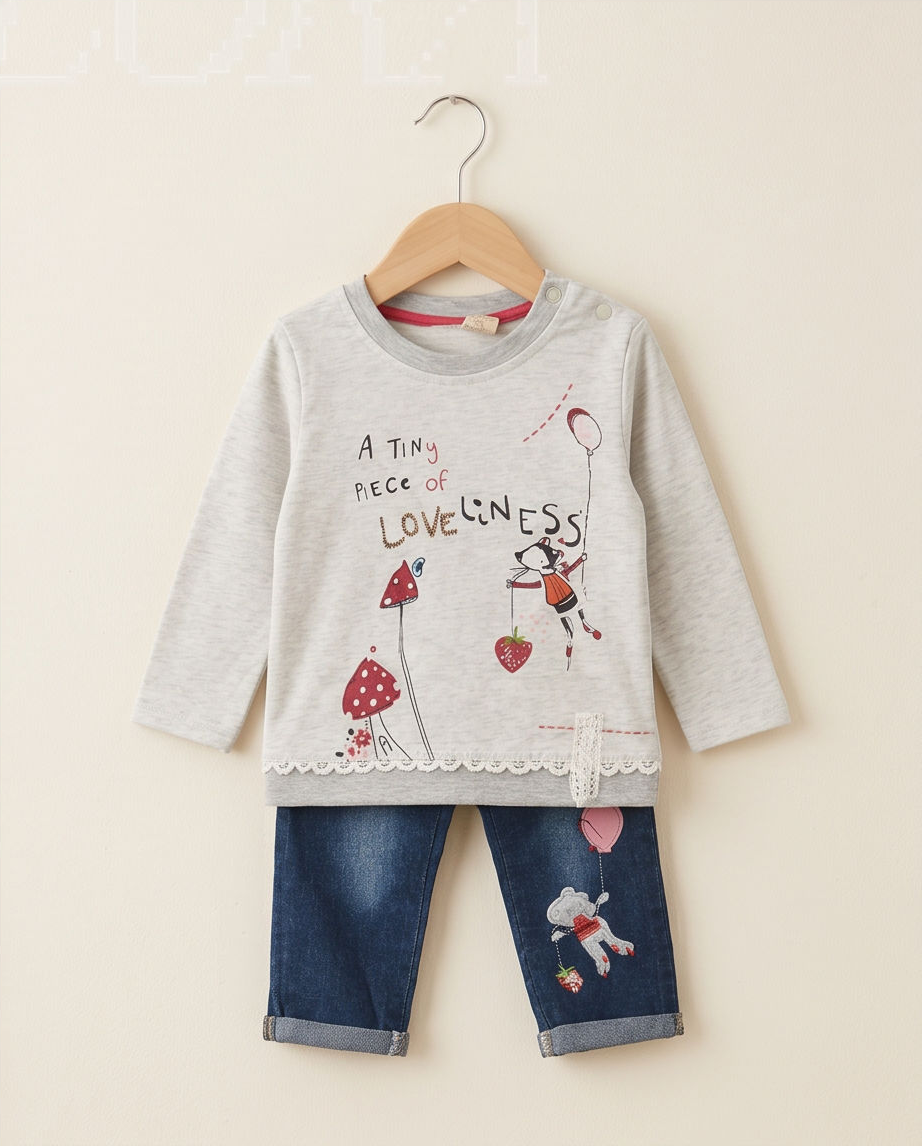 A toddler girl's two-piece outfit set featuring a light gray long-sleeve top with a whimsical strawberry and balloon graphic, paired with blue denim pants with embroidered details, hanging on a wooden hanger against a warm beige background.