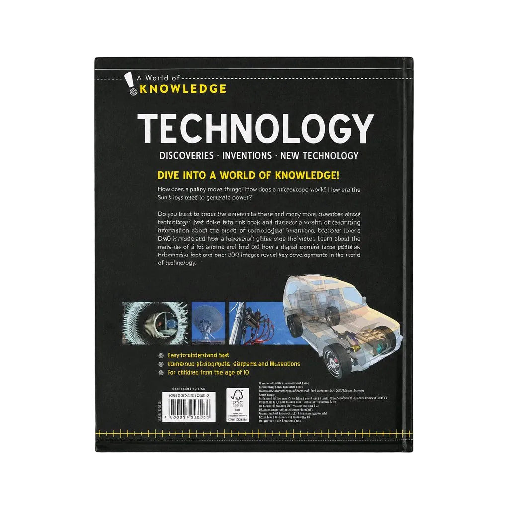 The back cover of a book titled 'Technology' from the 'Knowledge' series, featuring a black background with white and yellow text, a barcode, and an illustration of a transparent car.
