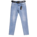 Light blue jeans with a black belt and tag on a white background