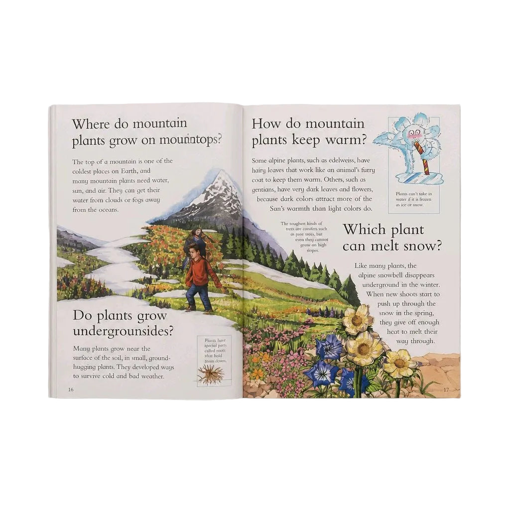An open book spread showing two pages with educational articles about mountain plants, including text, illustrations, and a small photo of a child hiking in a mountain landscape.