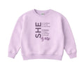 Lavender sweatshirt with motivational text on a white background