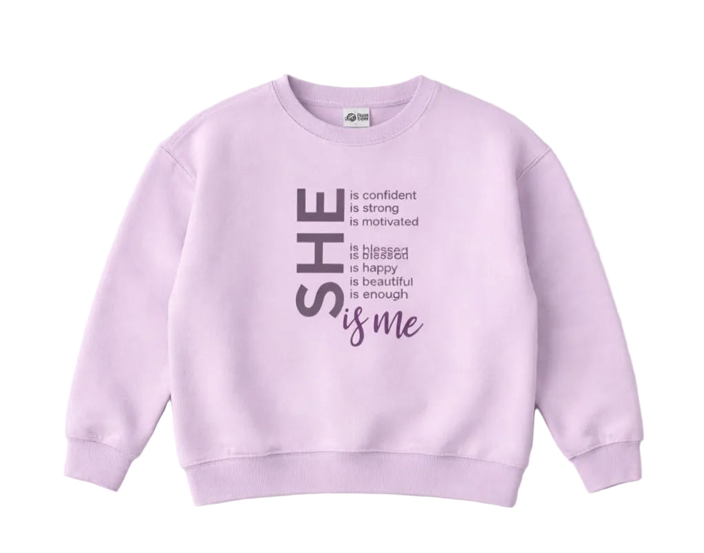 Lavender sweatshirt with motivational text on a white background