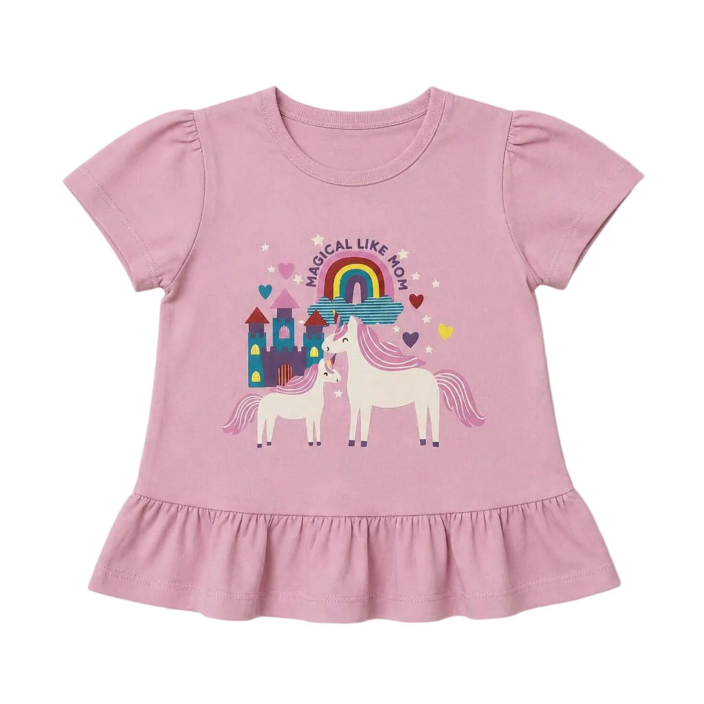 Pink children's t-shirt with unicorn and rainbow design on a light gray background