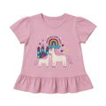 Pink children's t-shirt with unicorn and rainbow design on a light gray background