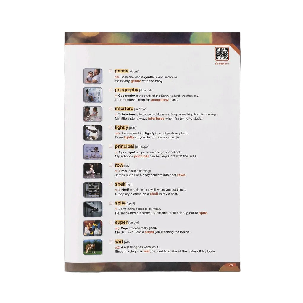 A printed dictionary or glossary page titled 'Word Wall' showing definitions for words like 'gentle', 'geography', 'interfere', 'lightly', 'principal', 'row', 'shalt', 'spite', 'super', and 'wet' with small photos and bullet points, photographed against a neutral light gray background.