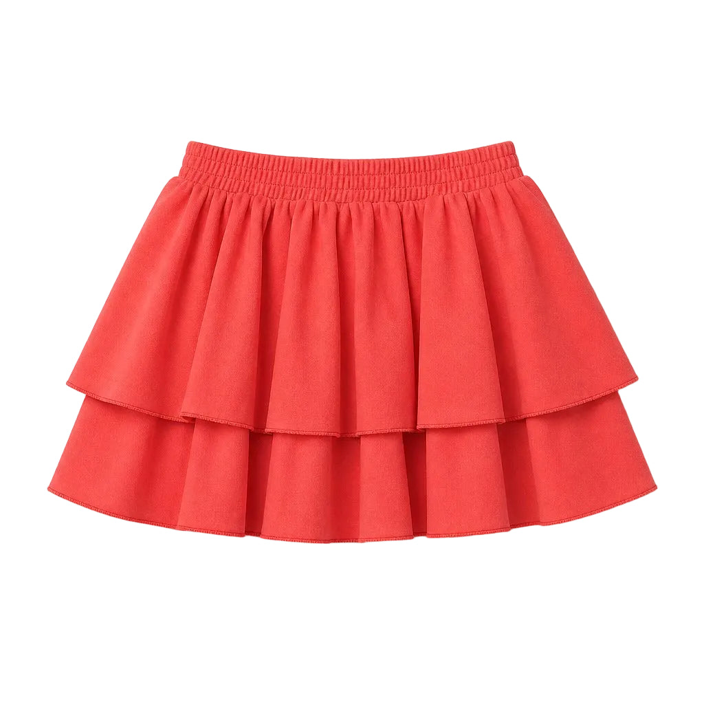 Red tiered skirt on a light gray background