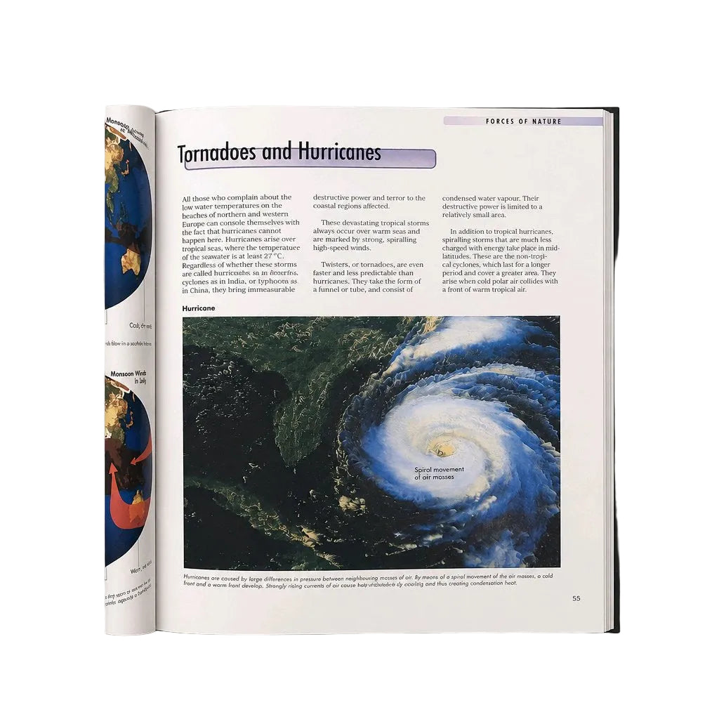 An open book showing a printed page titled "Tornadoes and Hurricanes" with text and a large satellite photo of a hurricane. The book is photographed on a light gray background.