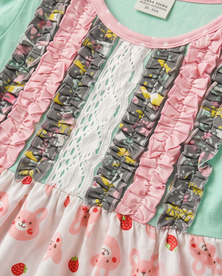 Close-up of a children's dress with a mint green bodice, pink ruffled trim, white lace panel, and a white skirt printed with pink bunnies and strawberries. A small neck label reads 'Mint & Sticker' and 'UK - UNITED KINGDOM'.