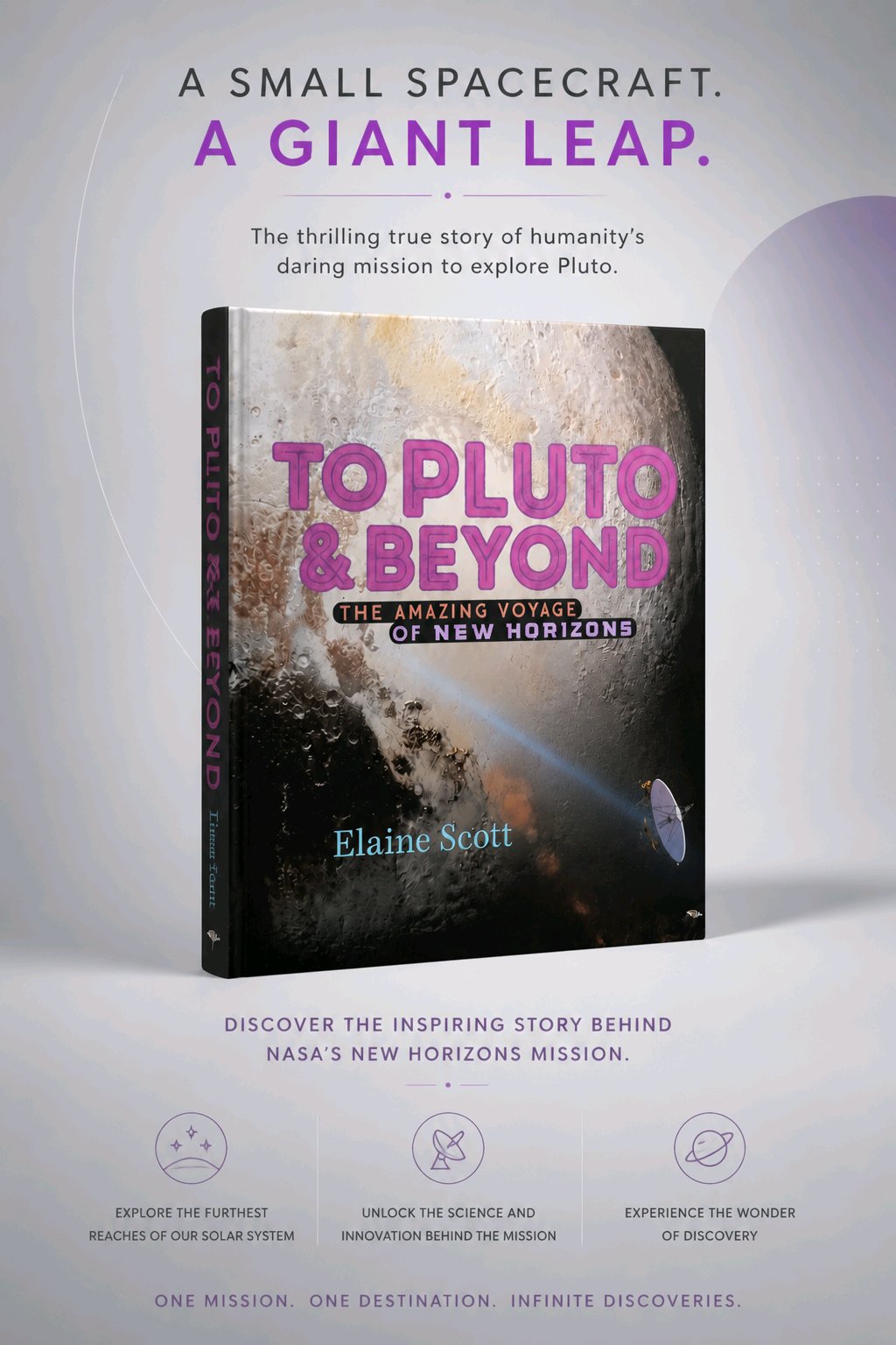 Book cover for 'To Pluto & Beyond' by Elaine Scott, shown as a 3D mockup on a light gray background with promotional text above and below.