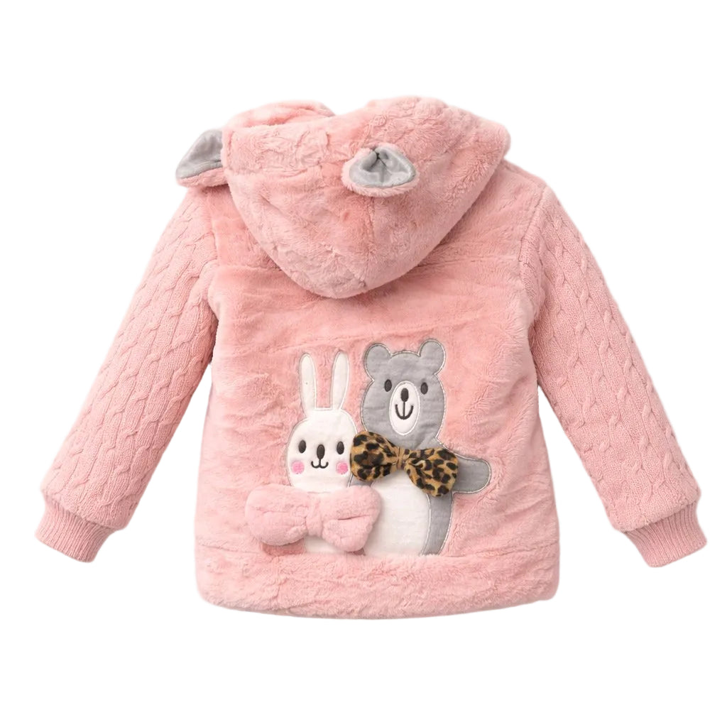 Pink children's jacket with cartoon bear and rabbit design on a light gray background