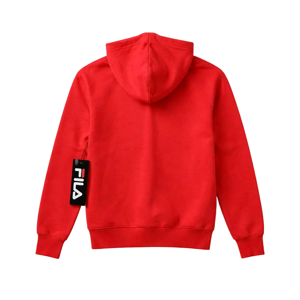 Red hoodie with a visible Fila tag on a white background