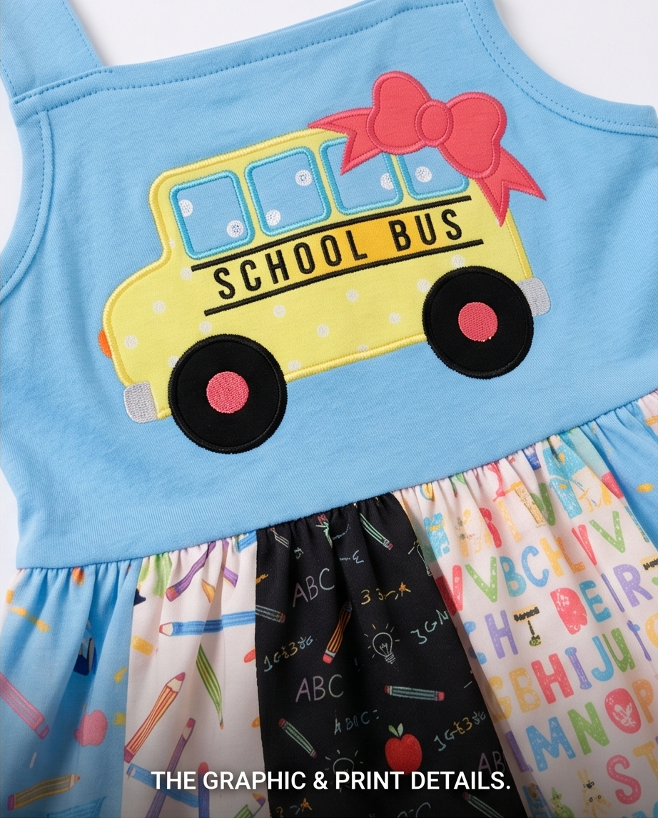Children's dress with a school bus graphic and colorful lettering on a light blue background