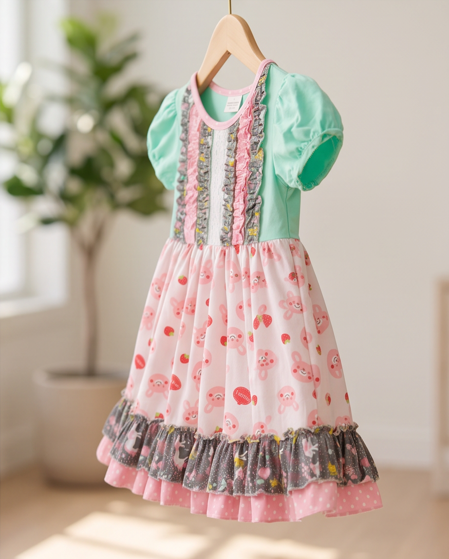 A toddler girl's dress hanging on a wooden hanger against a softly blurred indoor background. The dress has a mint green short-sleeve bodice, pink ruffle trim, and a white skirt with pink bunny prints and gray ruffled layers at the hem.