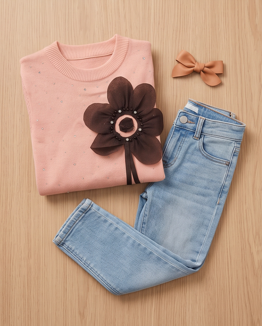 A styled flat-lay of a children's outfit on a light wood background, featuring a folded light pink sweater with a large dark brown fabric flower embellishment, light blue jeans, and a matching light brown bow headband.